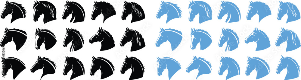 Fototapeta premium Collection of black and blue horse head silhouettes in profile facing left