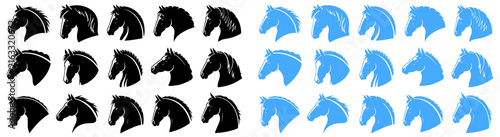 Bild auf Leinwand Collection of black and blue horse head silhouettes in profile facing left