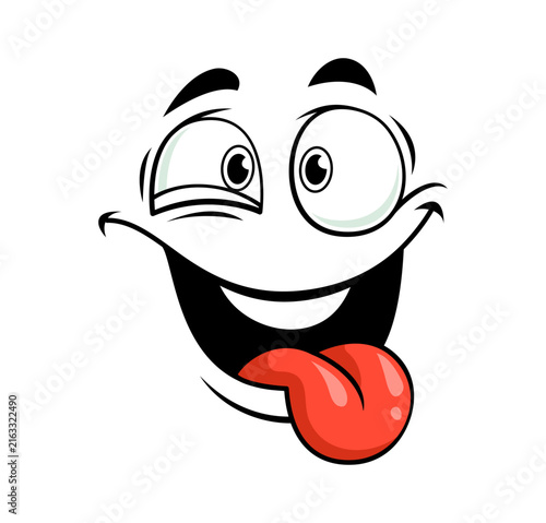 Принти на полотні Goofy cartoon happy face emoji with wide eyes, raised eyebrow and red tongue sticking out