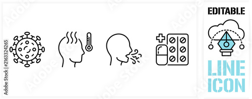 Editable line icon set in a black simple and clean vector outline stroke for flu symptoms, coronavirus bacteria, high body temperature, fever, dry cough, sore throat and medical treatment pills.