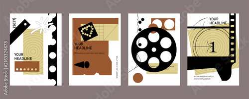 Abstract editorial poster templates with bold geometric shapes, film-inspired elements, and modern typography in a warm neutral color palette.