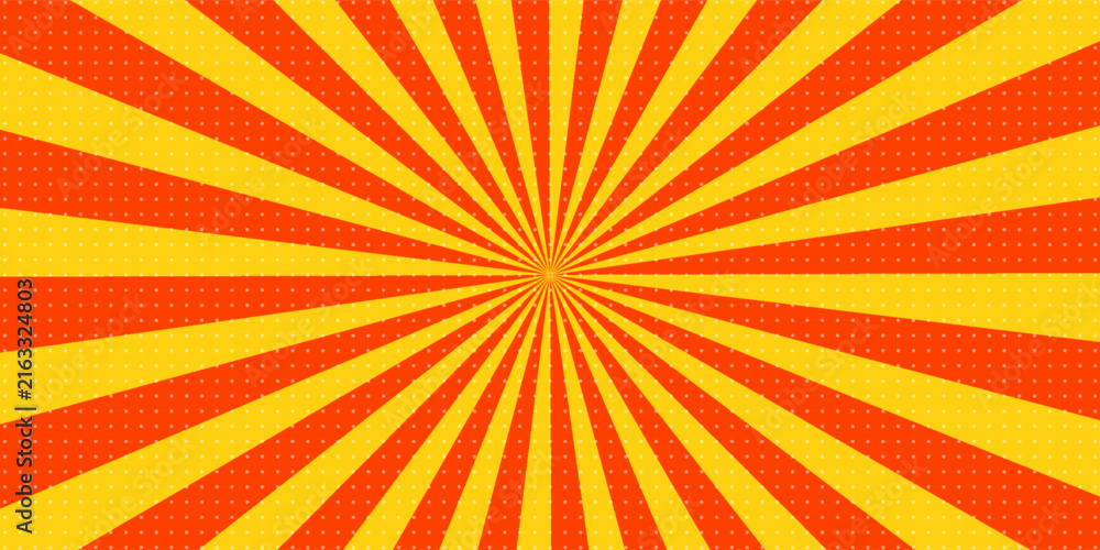 Obraz premium Abstract red yellow comic sunburst background with halftone dots pattern, retro pop art starburst radial rays vector illustration, bright circus backdrop with copy space for banner and poster design