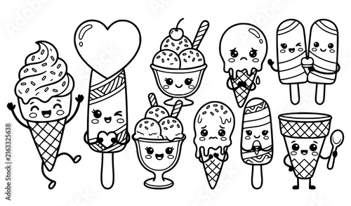 Canvas Print Kawaii ice cream coloring book page with cute smiling cone, popsicle, sundae and