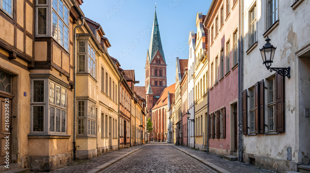 Fototapeta premium Narrow cobblestone street in wismar, germany, featuring historic half-timbered buildings and the towering spire of st. george's church under a clear sky