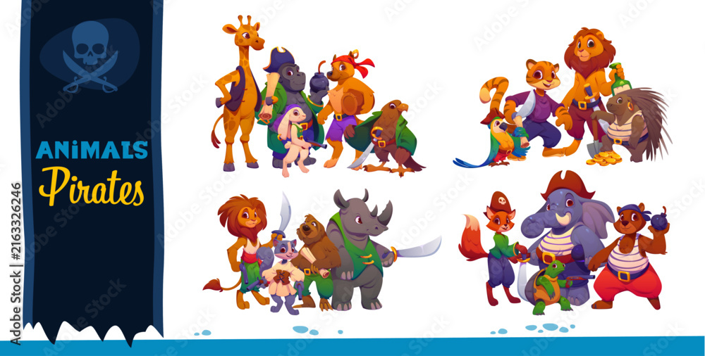 Naklejka premium Cartoon animal pirates and corsairs ship crew characters of quartermaster and captain. Skipper, helmsman and deckhand gunner or boatswain of corsair animals elephant with lion and tiger or bunny