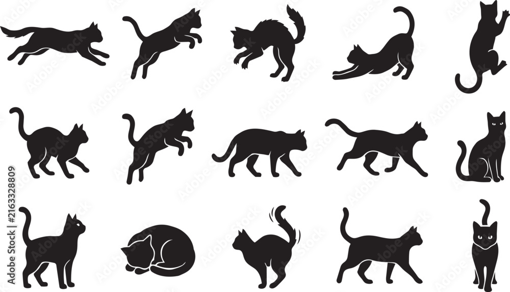 Obraz premium Black Cat black cats in various poses and actions silhouettes