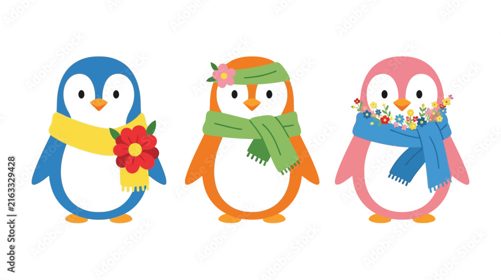 Fototapeta premium Three cartoon penguins with scarves and flowers colorful vector illustration