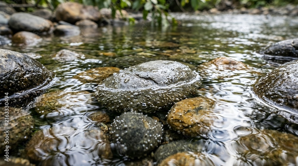 Obraz premium Close-up of Smooth Wet River Rocks Submerged in Clear Flowing Stream Water with Tiny Oxygen Air Bubbles on Stones