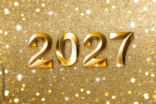 Golden 2027 New Year celebration background with glitter sparkle and festive confetti lights
