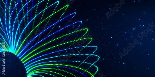Elegant Financial Technology Spiral With Radiant Blue and Green Light Curves Flowing Across a Dark Digital Space, Visualizing Fintech Data, Connectivity and Innovation