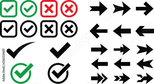 Comprehensive collection of check mark and arrow icons for effective user interface design
