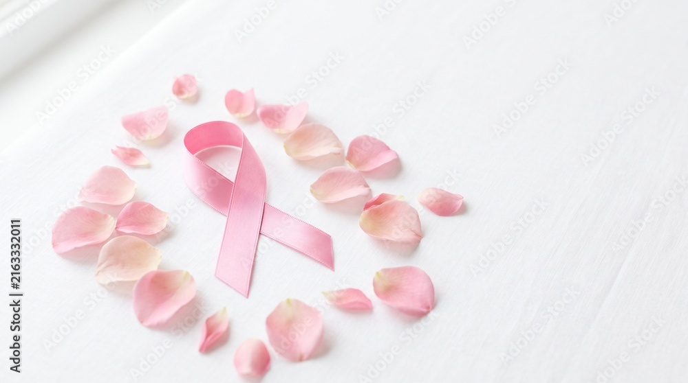Fototapeta premium Pink breast cancer awareness ribbon surrounded by soft rose petals on white background