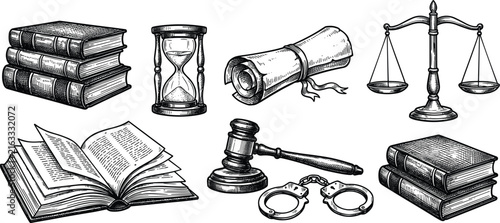 Vintage law and justice sketch elements set featuring books scales gavel handcuffs and scroll vector illustration
