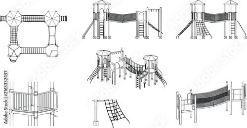 Playground Equipment Line Drawing Collection with Climbing Towers Bridges Slides and Nets
