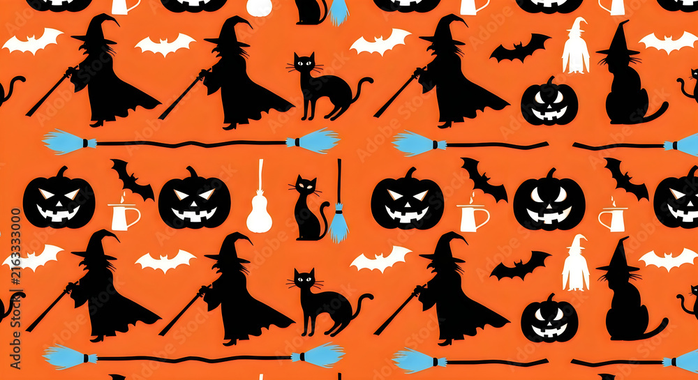 Seamless pattern with cute witch black cat and pumpkin icons for a festive happy halloween october 31 holiday celebration