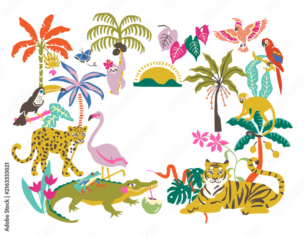 Naklejka premium Tropical Wildlife Frame with Tiger, Leopard, Crocodile, Flamingo, Parrots and Lush Exotic Plants Around Open Center