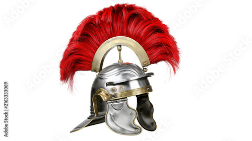 Fotografie Roman legionary helmet with red crest, isolated on transparent background