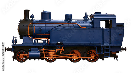 Foto Detailed blue steam locomotive with orange accents, isolated on transparent back