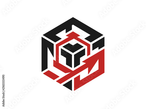 Abstract Hexagonal Cube Icon With Arrows Suggesting Movement And Technology