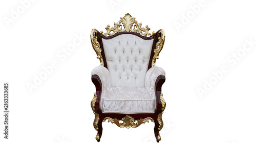 Canvas Print Ornate baroque armchair with white tufted upholstery and gold trim, isolated on