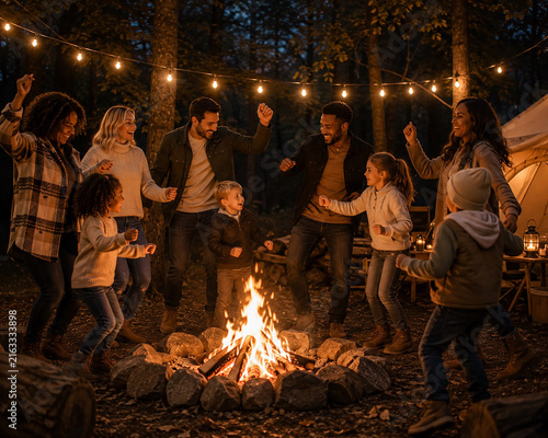 Diverse Family Gathering Around a Campfire Outdoors