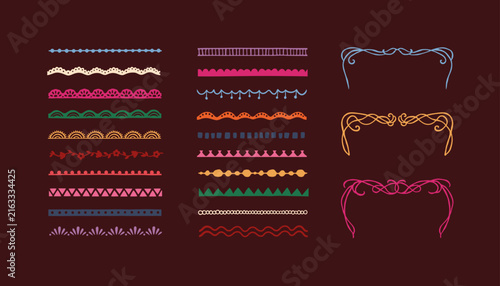 Fotografie Decorative Border Elements with Scalloped Trims, Repeating Waves, Dots, Floral S
