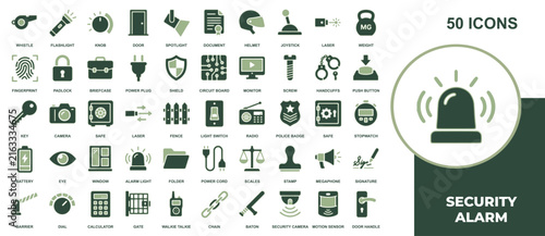 Set of fifty green security alarm icons for safety systems and digital protection interface design
