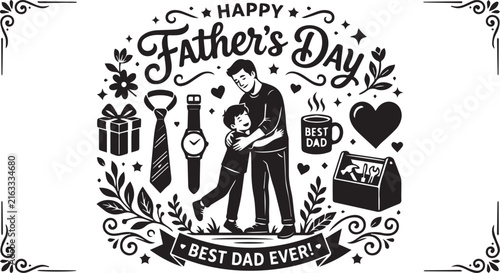 Happy fathers day calligraphy design with dad holding son illustration and holiday icons.