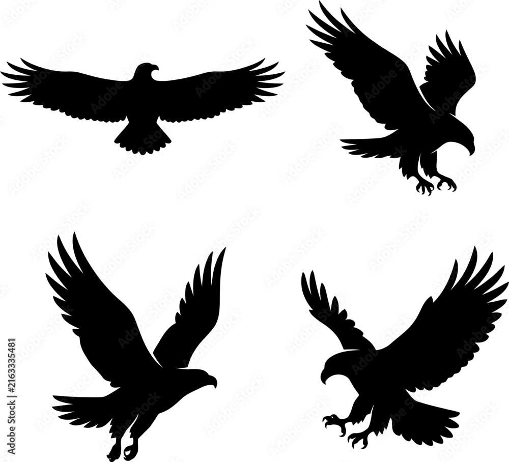 Fototapeta premium Four Eagle Silhouettes Depicting Flight And Soaring Black Silhouette