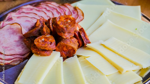 Sliced Cheese, Ham, and Chorizo Sausage Platter for Breakfast