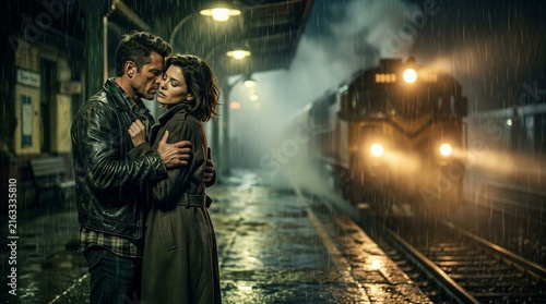 Cinematic Young Couple Embracing on Rainy Railway Station Platform at Night