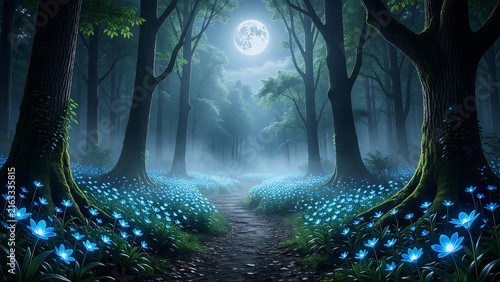 Moonlit Forest Path with Glowing Blue Flowers and Enchanted Misty Atmosphere
