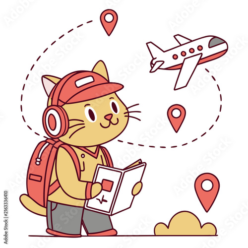 фотографія Cute cat traveler with a backpack holding a map and flying airplane illustration