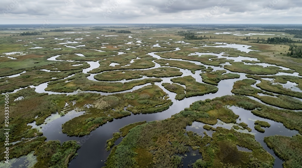 Fototapeta premium Aerial View of a Vast Swampy Wetland with Meandering Water Channels and Lush Green Reeds Under a Cloudy Sky