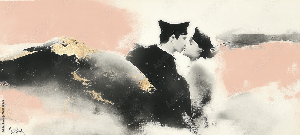 Fototapeta premium A romantic scene of a man and woman kissing, rendered in a blend of monochrome, watercolor washes, and touches of gold leaf for a luxurious feel, AI generated