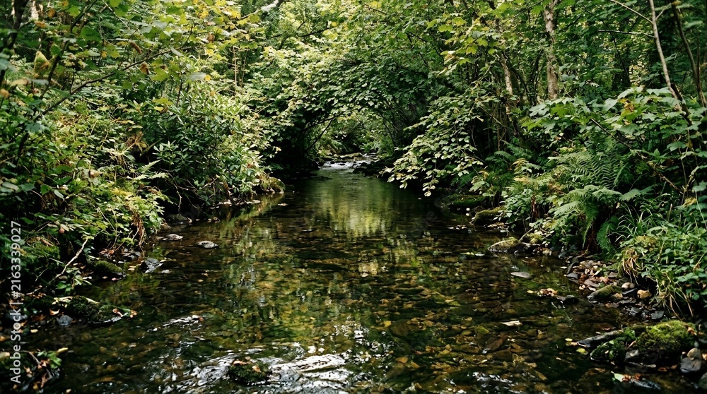 Fototapeta premium Scenic Lush Green Forest Stream with Crystal Clear Water Flowing Through Dense Foliage and Smooth Mossy Rocks