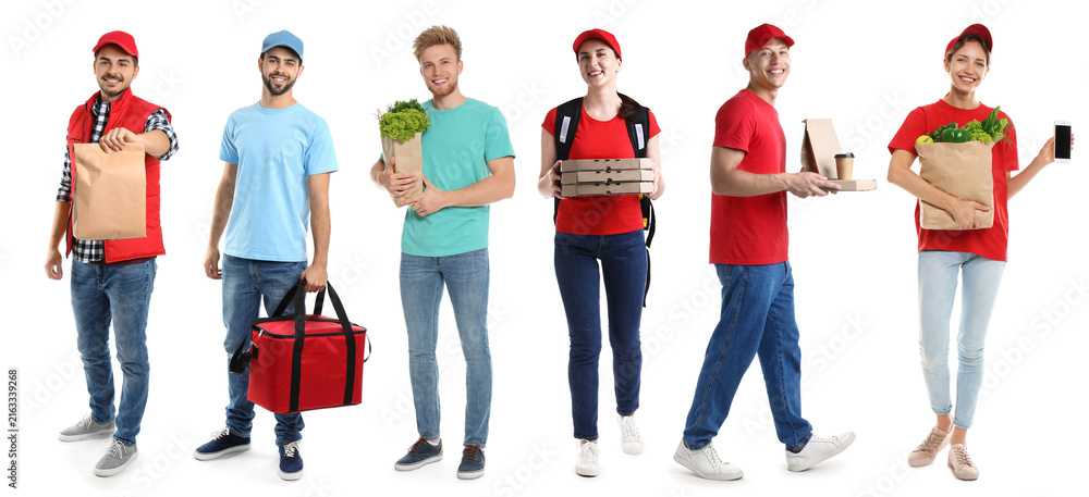 Obraz premium Food delivery service workers. Collection of portraits on white background