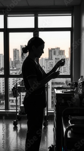 Dedicated Nurse Prepares Vital Medication Against Cityscape Backdrop