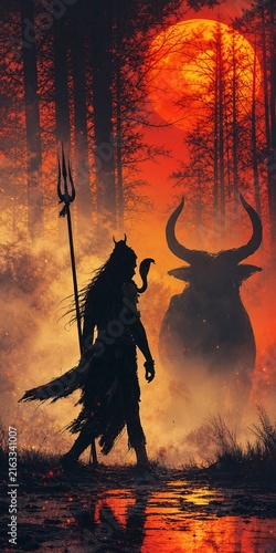 Mystical Lord Shiva Silhouette With Nandi Bull in a Fiery Forest Beneath a Glowing Orange Moon, Creating a Dramatic Hindu Devotional and Spiritual Fantasy Illustration