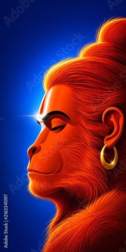 Majestic Lord Hanuman Portrait With Glowing Orange Fur, Golden Earring and Serene Profile Against a Deep Blue Background, Creating a Powerful Hindu Devotional Artwork