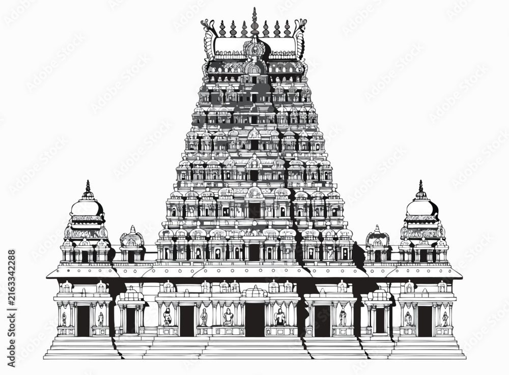 Obraz premium Detailed architectural illustration of a traditional hindu temple