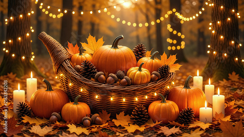 Autumn Basket with Pumpkins, Pinecones, Candles, and Festive Forest Glow
