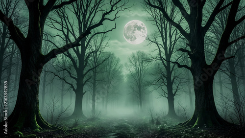 Dark Eerie Forest with Full Moon, Misty Path, and Twisted Leafless Trees
