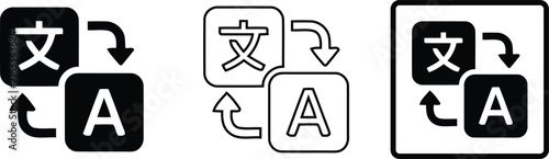 Set of three language translation icons featuring japanese kanji and latin letter a with circular arrow symbols