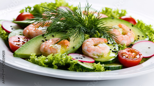 Fresh shrimp salad on white plate with avocado and greens