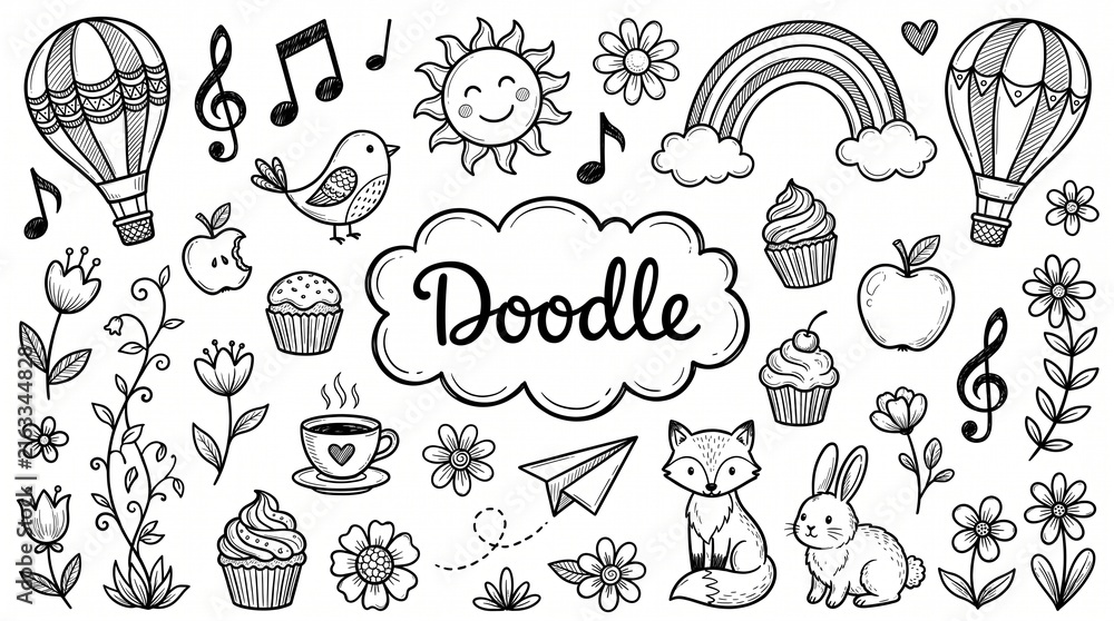 Fototapeta premium Collection of hand drawn doodle elements and icons isolated on white background