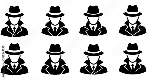 Photography Silhouette Of A Detective In A Fedora Hat Black Icon Set On White Background