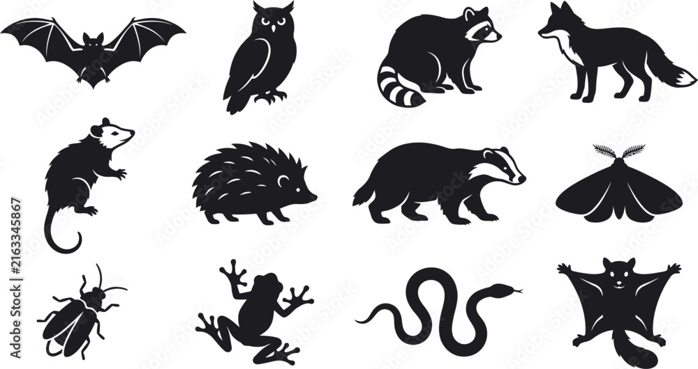 Fototapeta premium Forest Wildlife Animal Silhouette Icon Set - Black Vector Illustration Collection