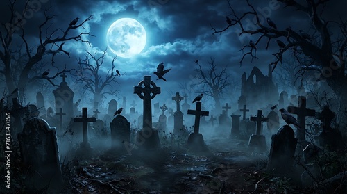 Spooky graveyard scene with tombstones silhouetted against a full moon in a misty night