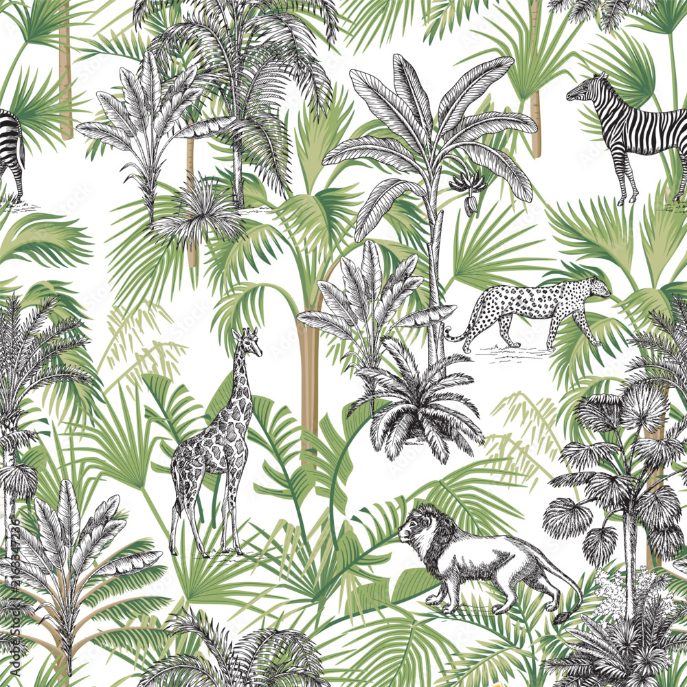 Naklejka premium Toile jungle seamless pattern. Tropical palm tree, plants, African animals wallpaper.